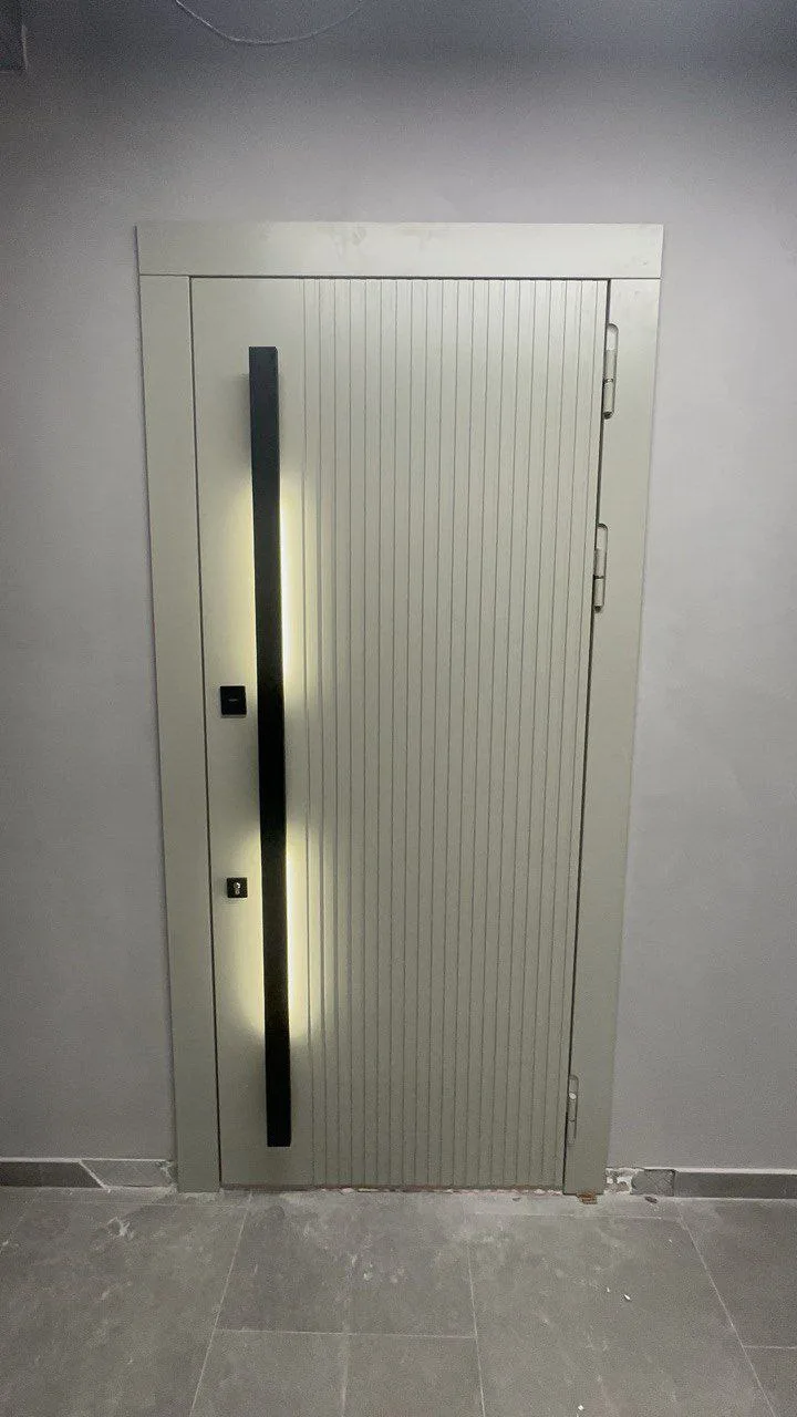 Входная дверь с бугельной ручкой и подсветкой